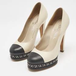 Pre Owned Chanel Beige/Black Leather CC Cap Toe Chain Link Platform Pumps Size 36