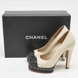 Pre Owned Chanel Beige/Black Leather CC Cap Toe Chain Link Platform Pumps Size 36