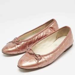 Chanel Rose Gold Patent Cap Toe CC Bow Ballet Flats Size 35.5