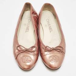 Chanel Rose Gold Patent Cap Toe CC Bow Ballet Flats Size 35.5