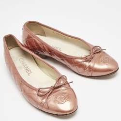 Chanel Rose Gold Patent Cap Toe CC Bow Ballet Flats Size 35.5