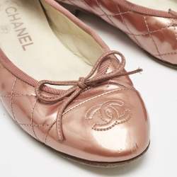 Chanel Rose Gold Patent Cap Toe CC Bow Ballet Flats Size 35.5