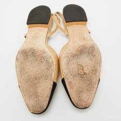 Pre Owned Chanel Beige/Black Leather and Fabric CC Cap Toe Flat Slingback Sandals Size 39.5