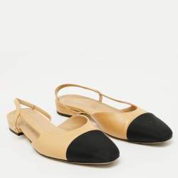 Pre Owned Chanel Beige/Black Leather and Fabric CC Cap Toe Flat Slingback Sandals Size 39.5