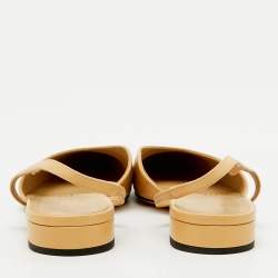 Pre Owned Chanel Beige/Black Leather and Fabric CC Cap Toe Flat Slingback Sandals Size 39.5