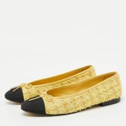 Pre Owned Chanel Yellow/Black Tweed and Canvas Bow CC Cap Toe Ballet Flats Size 39.5