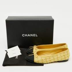 Pre Owned Chanel Yellow/Black Tweed and Canvas Bow CC Cap Toe Ballet Flats Size 39.5