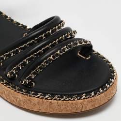 Chanel Black Leather Chain Detail Cork Sandals Size 39