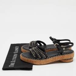 Chanel Black Leather Chain Detail Cork Sandals Size 39
