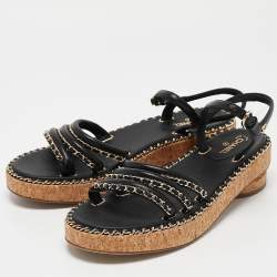 Chanel Black Leather Chain Detail Cork Sandals Size 39