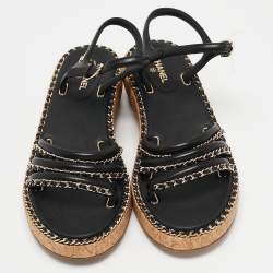 Chanel Black Leather Chain Detail Cork Sandals Size 39