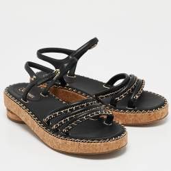 Chanel Black Leather Chain Detail Cork Sandals Size 39