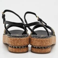 Chanel Black Leather Chain Detail Cork Sandals Size 39