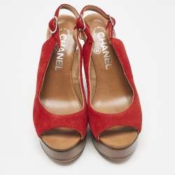 Chanel Red Suede CC Slingback Platform Sandals Size 36