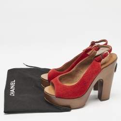 Chanel Red Suede CC Slingback Platform Sandals Size 36