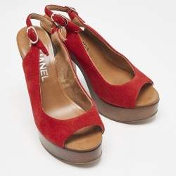 Chanel Red Suede CC Slingback Platform Sandals Size 36