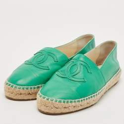 Pre Owned Chanel Green Leather CC Cap Toe Flat Espadrilles Size 36