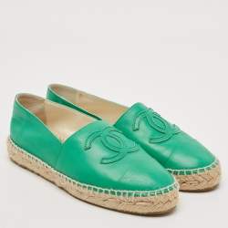 Pre Owned Chanel Green Leather CC Cap Toe Flat Espadrilles Size 36