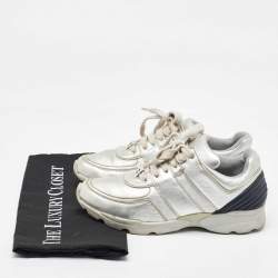Chanel Silver/Black Leather CC Low Top Sneakers Size 37