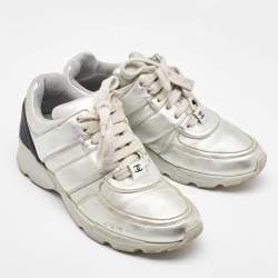 Chanel Silver/Black Leather CC Low Top Sneakers Size 37