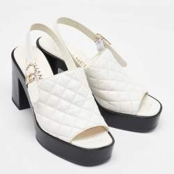 Chanel White Quilted Leather CC Platform Slingback Sandals Size 37.5