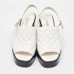 Chanel White Quilted Leather CC Platform Slingback Sandals Size 37.5