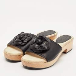 Chanel Beige/Black Leather Camellia Wooden Platform Sandals Size 38