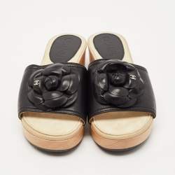 Chanel Beige/Black Leather Camellia Wooden Platform Sandals Size 38