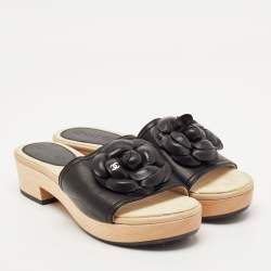 Chanel Beige/Black Leather Camellia Wooden Platform Sandals Size 38