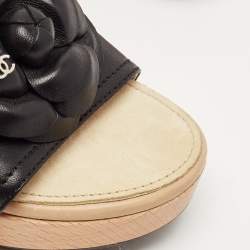 Chanel Beige/Black Leather Camellia Wooden Platform Sandals Size 38