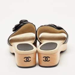 Chanel Beige/Black Leather Camellia Wooden Platform Sandals Size 38