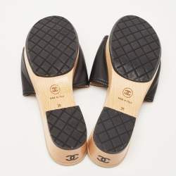 Chanel Beige/Black Leather Camellia Wooden Platform Sandals Size 38