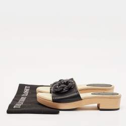 Chanel Beige/Black Leather Camellia Wooden Platform Sandals Size 38