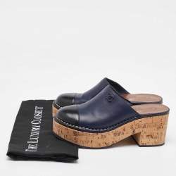 Chanel Navy Blue/Black Leather Cap Toe Cork Platform Mules Size 37