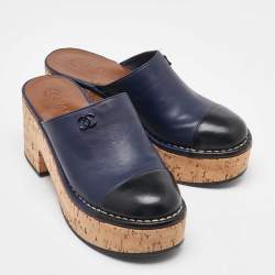 Chanel Navy Blue/Black Leather Cap Toe Cork Platform Mules Size 37