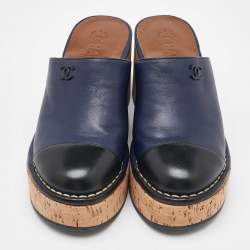 Chanel Navy Blue/Black Leather Cap Toe Cork Platform Mules Size 37