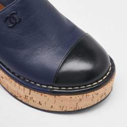 Chanel Navy Blue/Black Leather Cap Toe Cork Platform Mules Size 37