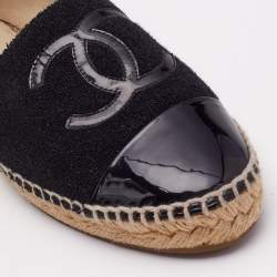 Pre Owned Chanel Black Tweed and Patent Leather CC Cap Toe Espadrilles Flats Size 39