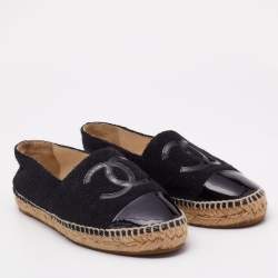 Pre Owned Chanel Black Tweed and Patent Leather CC Cap Toe Espadrilles Flats Size 39