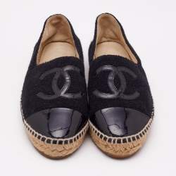 Pre Owned Chanel Black Tweed and Patent Leather CC Cap Toe Espadrilles Flats Size 39