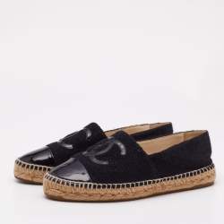Pre Owned Chanel Black Tweed and Patent Leather CC Cap Toe Espadrilles Flats Size 39