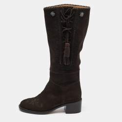 Chanel Dark Brown Suede Embroidered Tassel Calf Length Boots Size 37.5