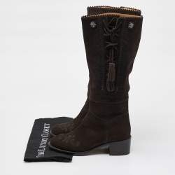 Chanel Dark Brown Suede Embroidered Tassel Calf Length Boots Size 37.5