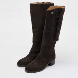 Chanel Dark Brown Suede Embroidered Tassel Calf Length Boots Size 37.5