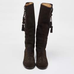 Chanel Dark Brown Suede Embroidered Tassel Calf Length Boots Size 37.5