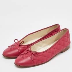 Pre Owned Chanel Dark Pink Quilted Leather Bow CC Cap Toe Ballet Flats Size 41