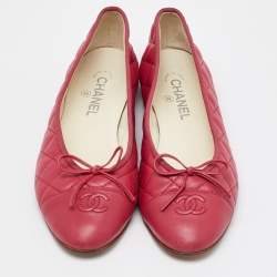 Pre Owned Chanel Dark Pink Quilted Leather Bow CC Cap Toe Ballet Flats Size 41