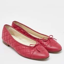 Pre Owned Chanel Dark Pink Quilted Leather Bow CC Cap Toe Ballet Flats Size 41