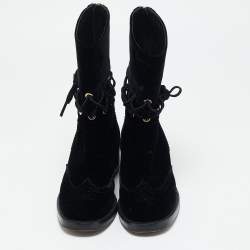 Chanel Black Velvet Lace Mid Calf Boots Size 38.5
