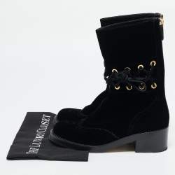 Chanel Black Velvet Lace Mid Calf Boots Size 38.5